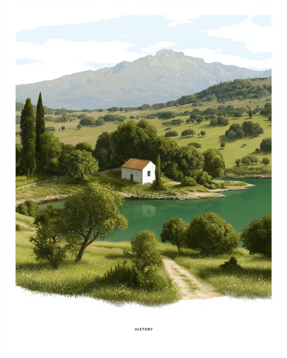 Illustrated pastoral landscape — a cottage by a lake beneath mountain peaks